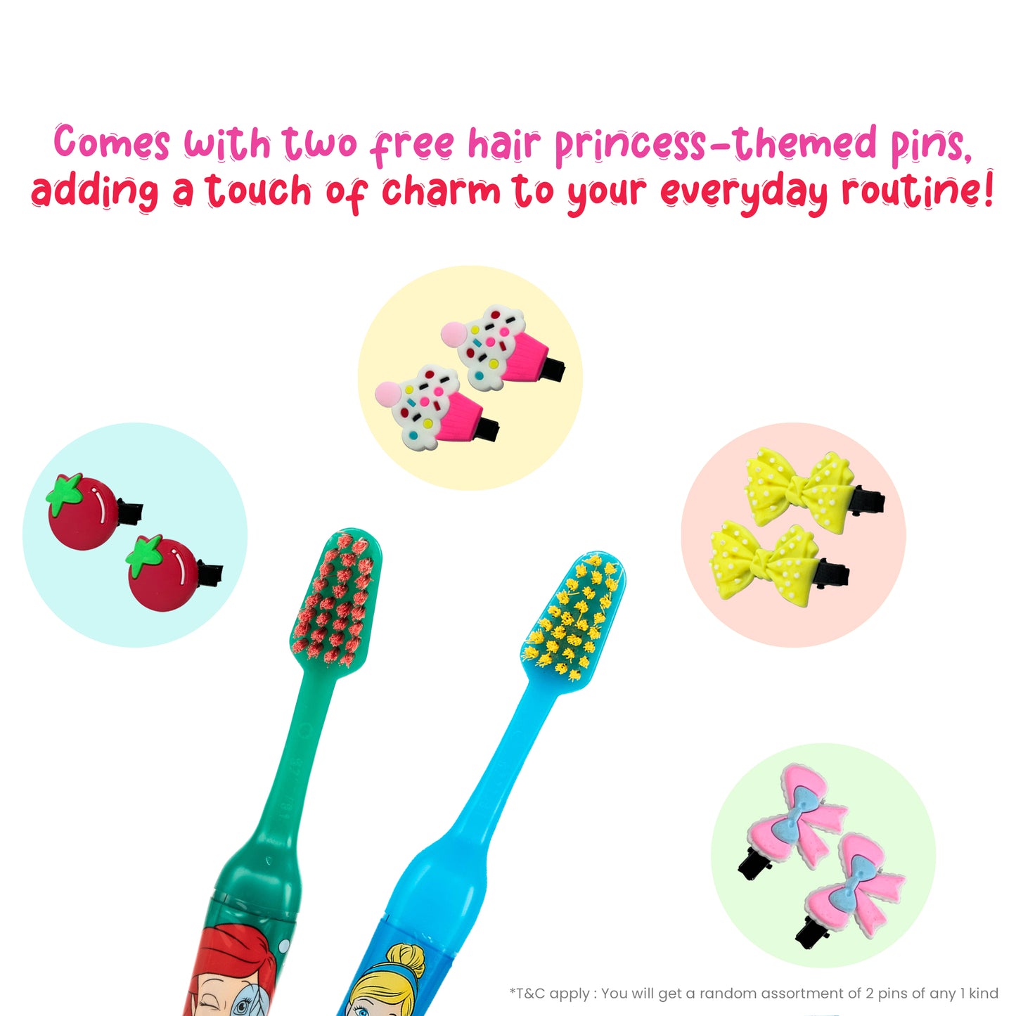 Duvon Plus x Disney Princess Toothbrush Set | Ariel and Cinderella | 2 Brushes + 2 Hair Pins Free
