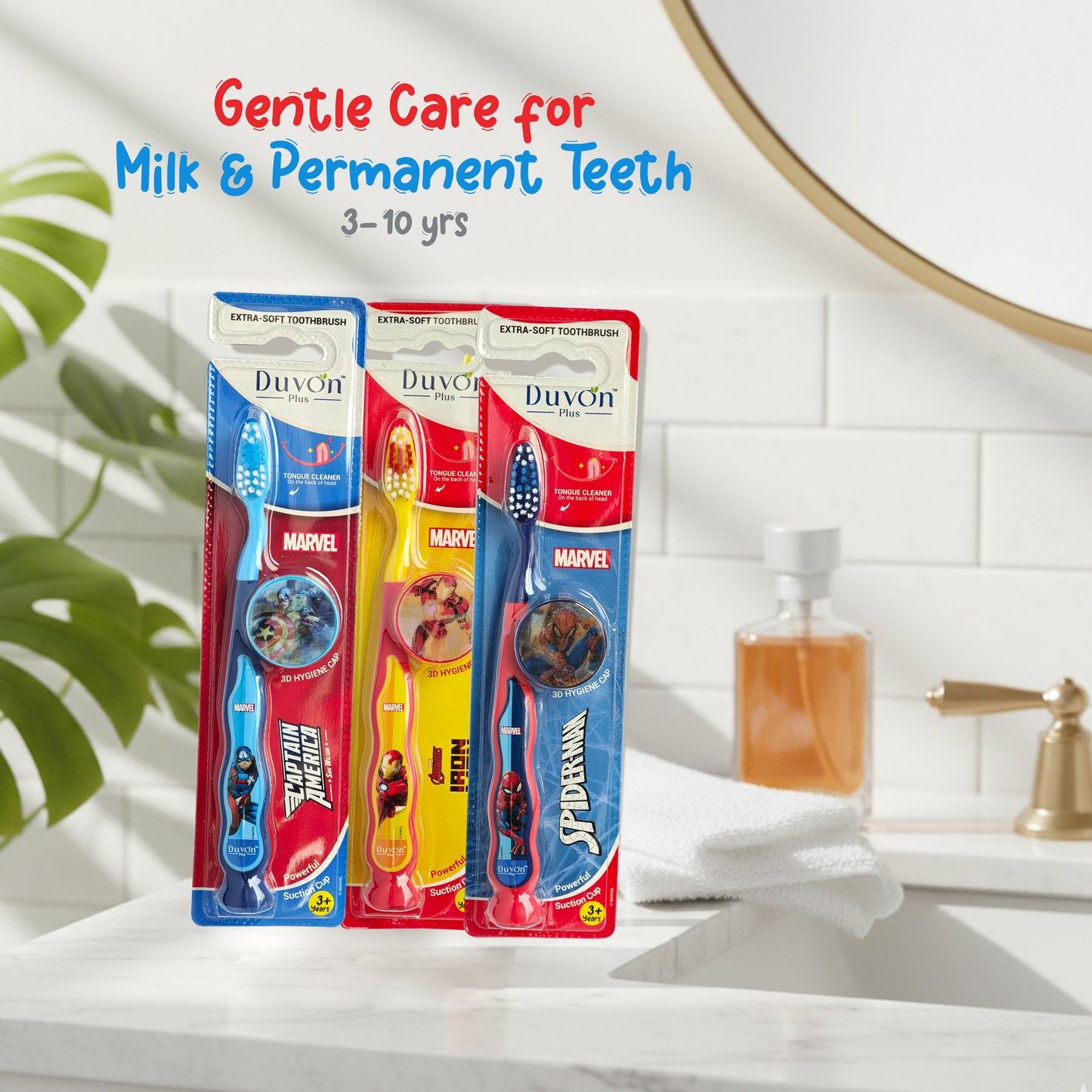 Duvon Plus Marvel Toothbrush Set of 3 for Kids with Hygiene Cap