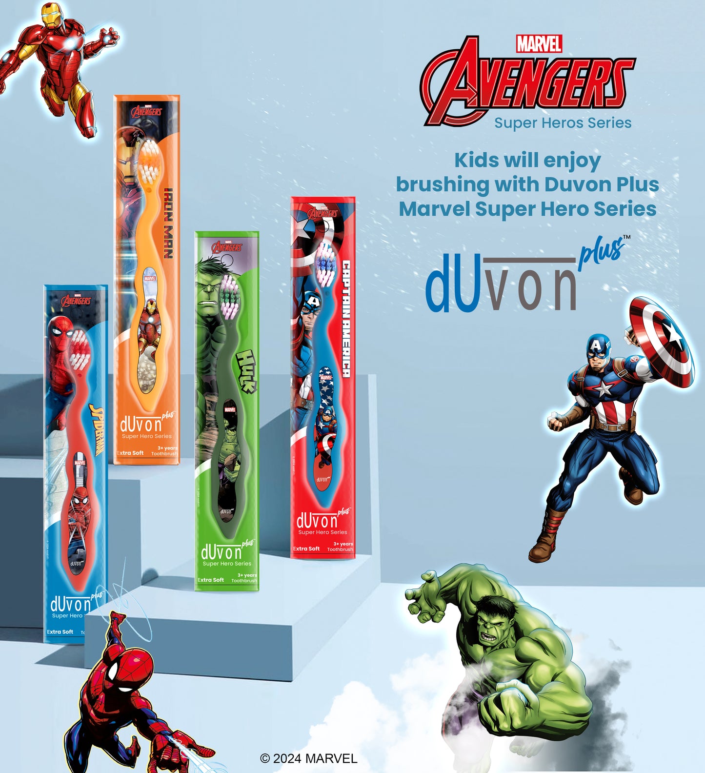 Duvon Plus Avengers Superheros Toothbrush Series Pack of 4 - Captain America, Spiderman, Hulk and Iron Man