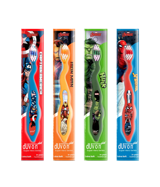 Duvon Plus Avengers Superheros Toothbrush Series Pack of 4 - Captain America, Spiderman, Hulk and Iron Man