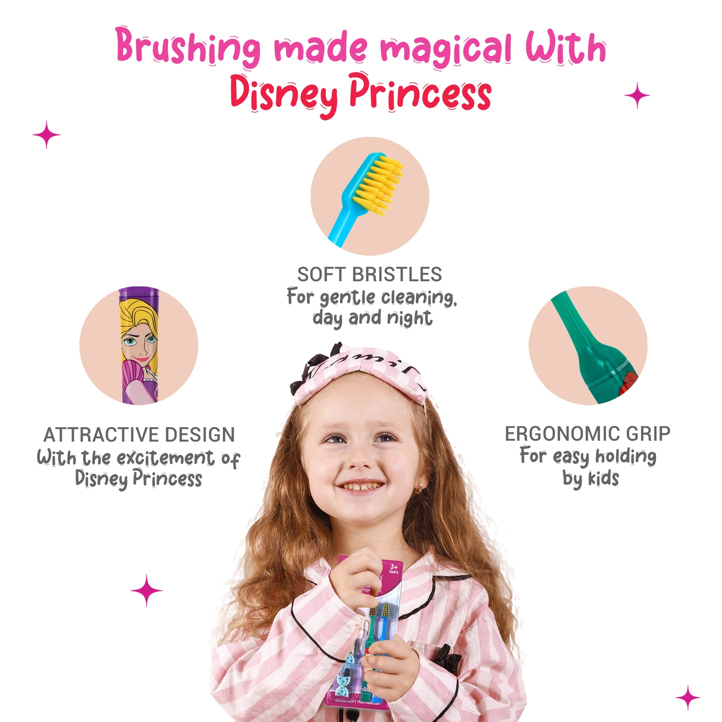 Duvon Plus x Disney Princess Toothbrush Set | Ariel and Cinderella | 2 Brushes + 2 Hair Pins Free