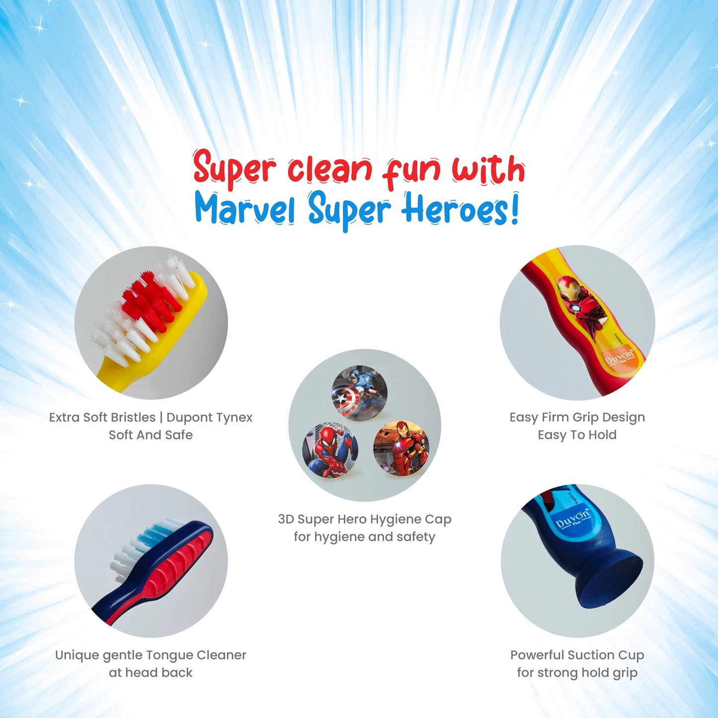 Duvon Plus Marvel Toothbrush Set of 3 for Kids with Hygiene Cap