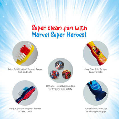 Duvon Plus Marvel Toothbrush Set of 3 for Kids with Hygiene Cap
