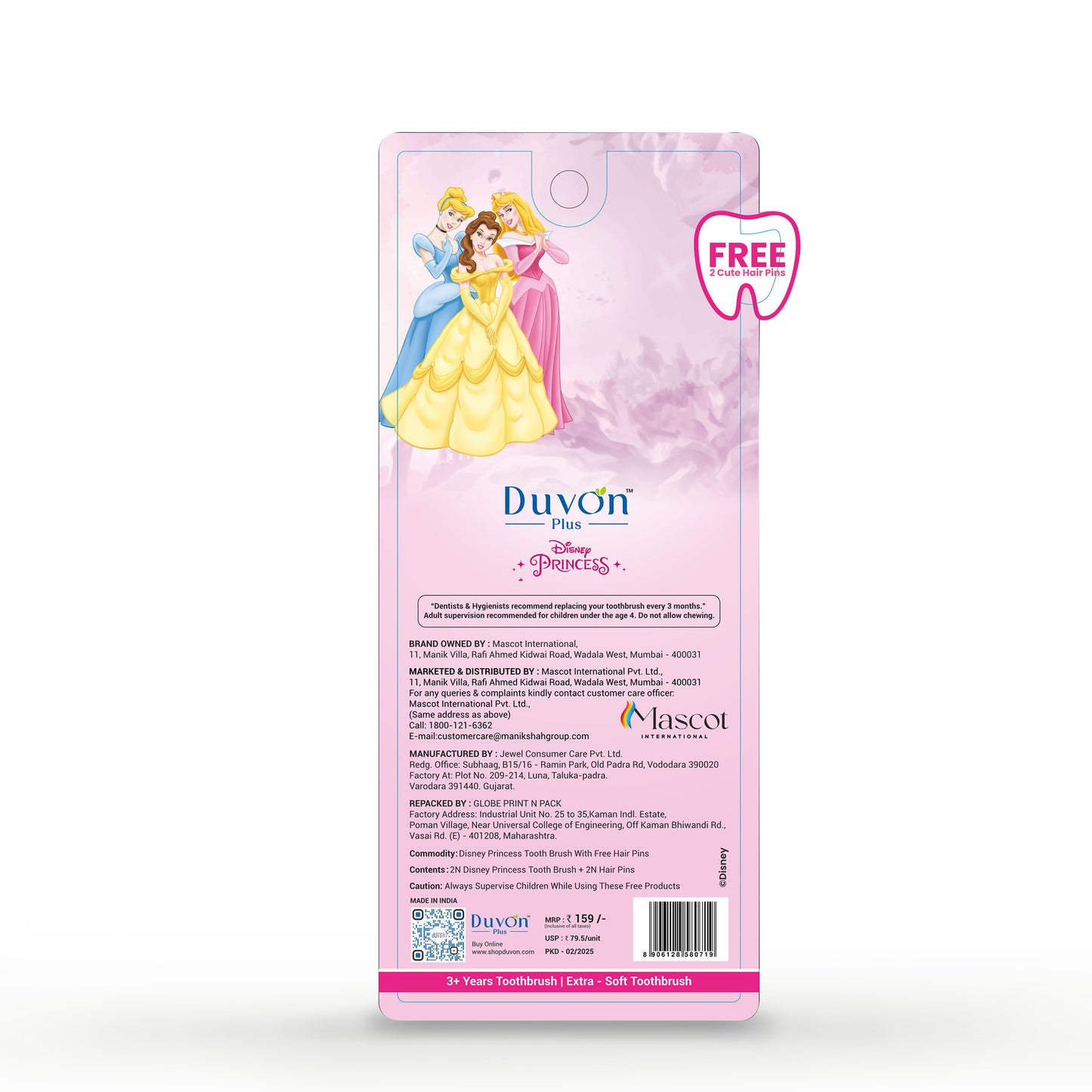 Duvon Plus x Disney Princess Toothbrush Set | Tangled and Cinderella | 2 Brushes + 2 Hair Pins Free