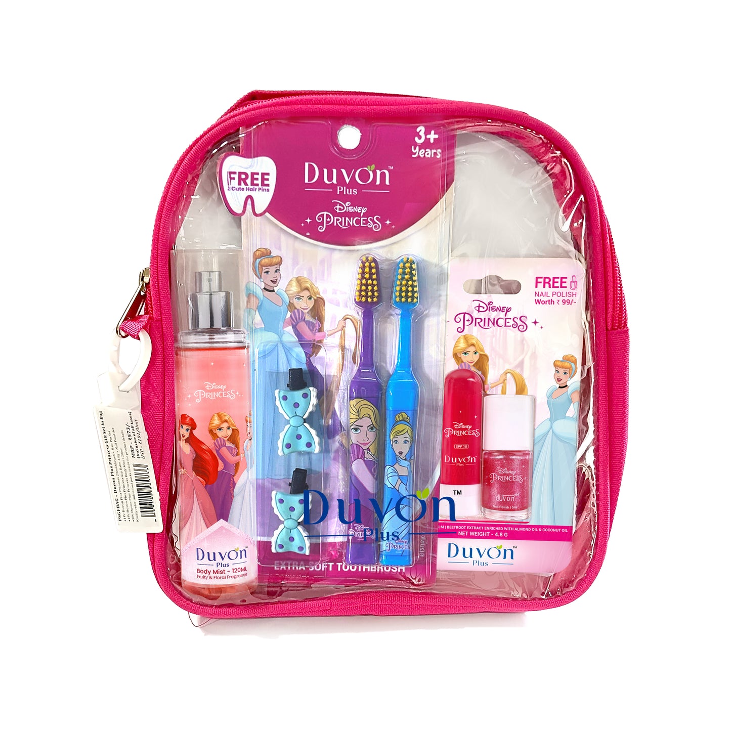 Duvon Plus Disney Princess Gift Set – Lip Balm, Nail Polish, Body Mist, Toothbrushes & Hair Pins for Girls ( Pack of 3)
