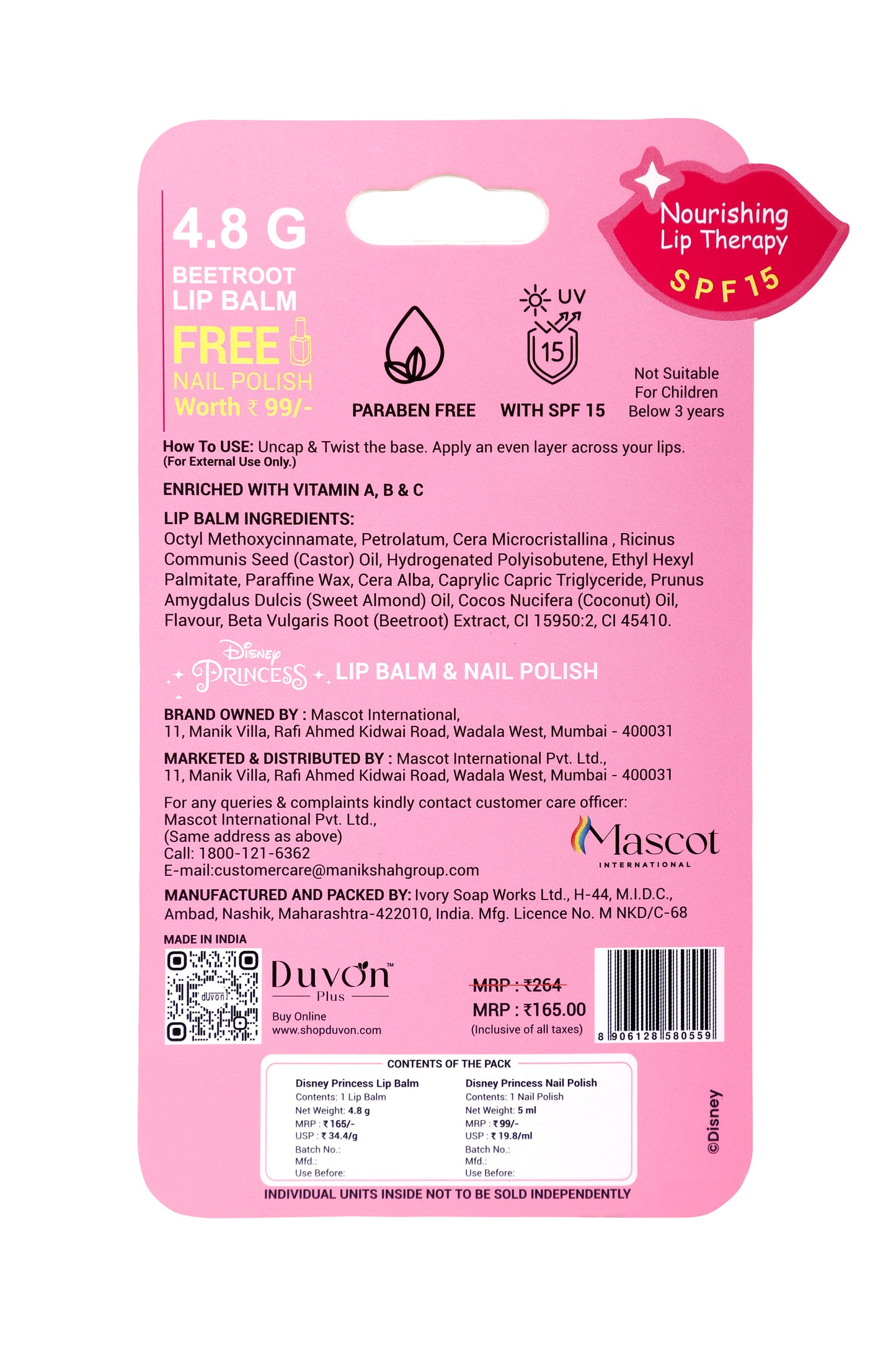 Duvon Plus Disney Princess Lip Balm & Nail Polish | Royal Glam Duo