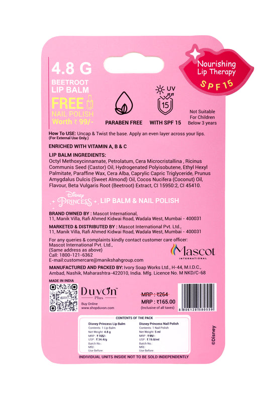 Duvon Plus Disney Princess Lip Balm & Nail Polish | Royal Glam Duo