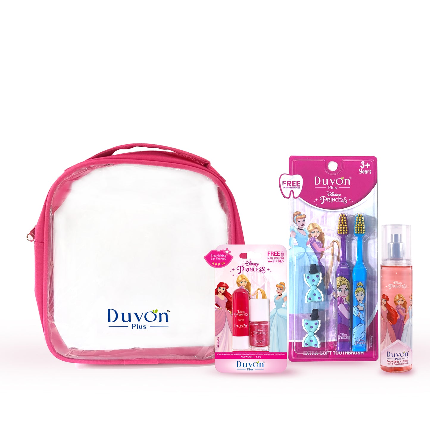 Duvon Plus Disney Princess Gift Set – Lip Balm, Nail Polish, Body Mist, Toothbrushes & Hair Pins for Girls ( Pack of 3)