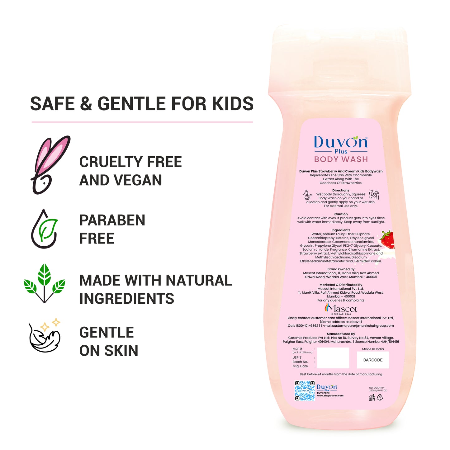 Duvon Plus Strawberry & Cream Kids Body Wash 250ml